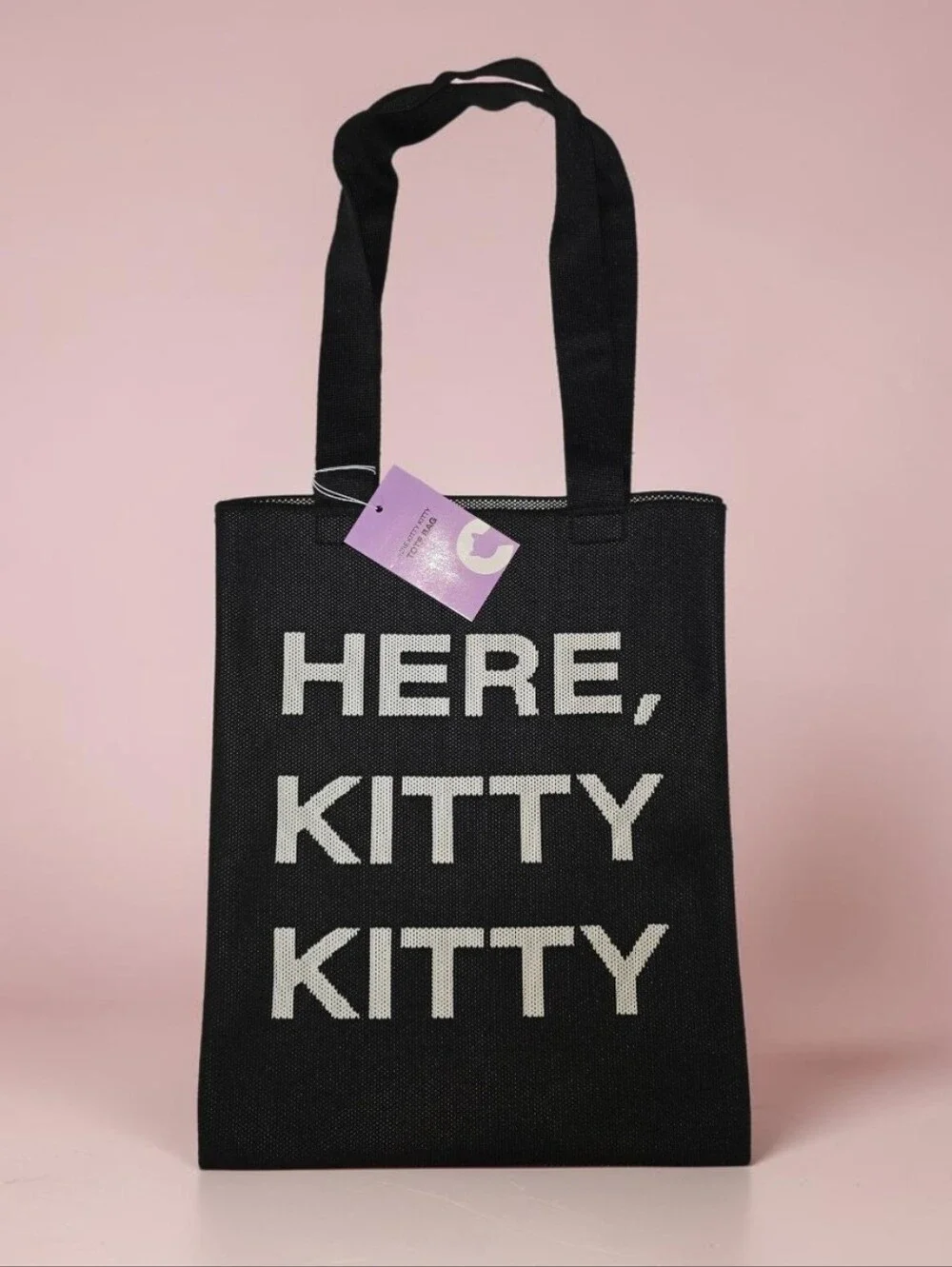 Cat Lady brand HERE KITTY KITTY Double Sided Black Woven Flat Tote bag NWT